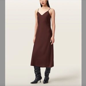 All Saints Hera Midi Satin Slip Dress in rust brown